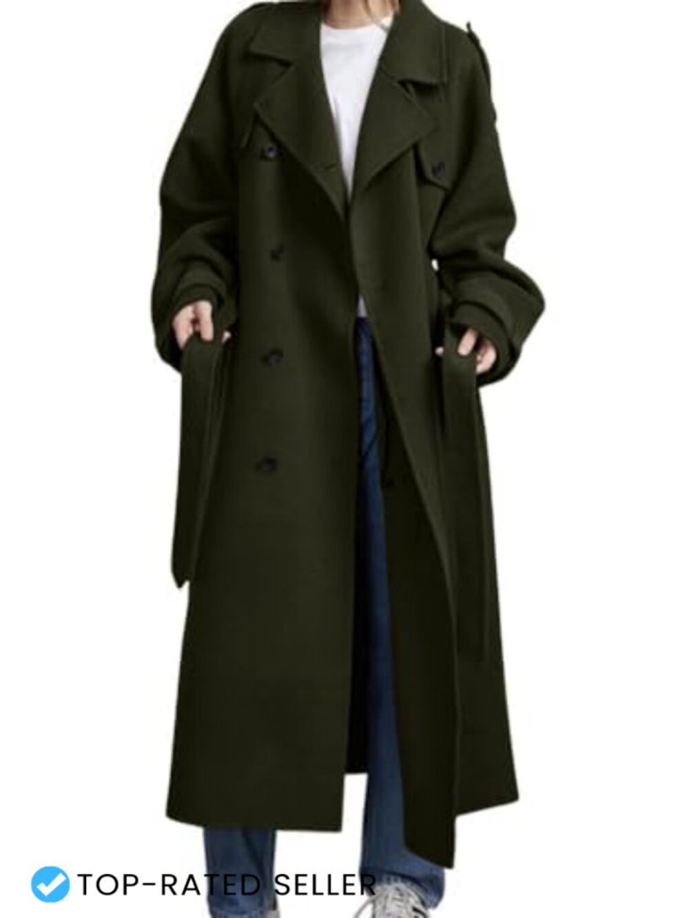 Wool Blend Double Breasted Midi Pea Coat with Belt